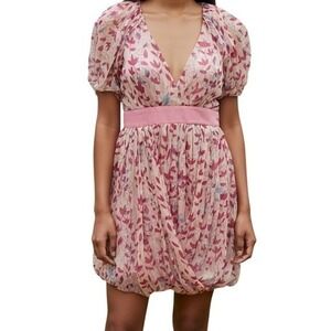MINUET Silk Floral Puff Sleeve Chiffon V Neck Bubble Hem‎ Dress NWOT Medium